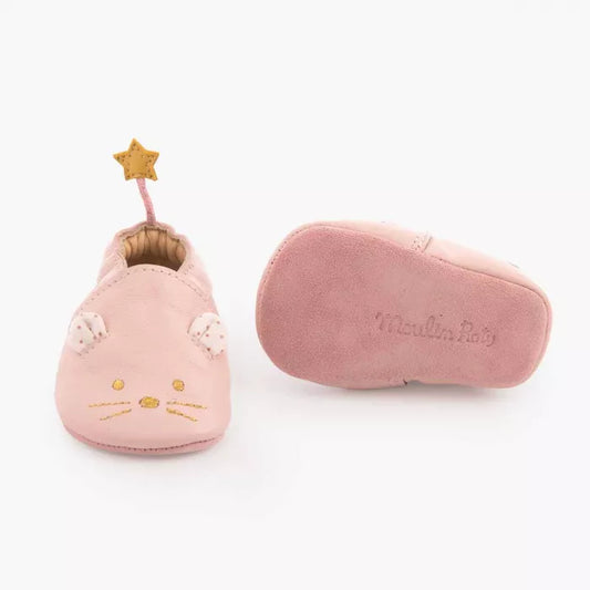 Chaussons cuir Souris rose 0/6M - Il etait une fois