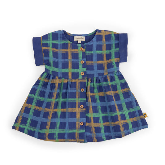 NORA - Robe lange bleu imprimé carreaux - La Jungle Merveilleuse