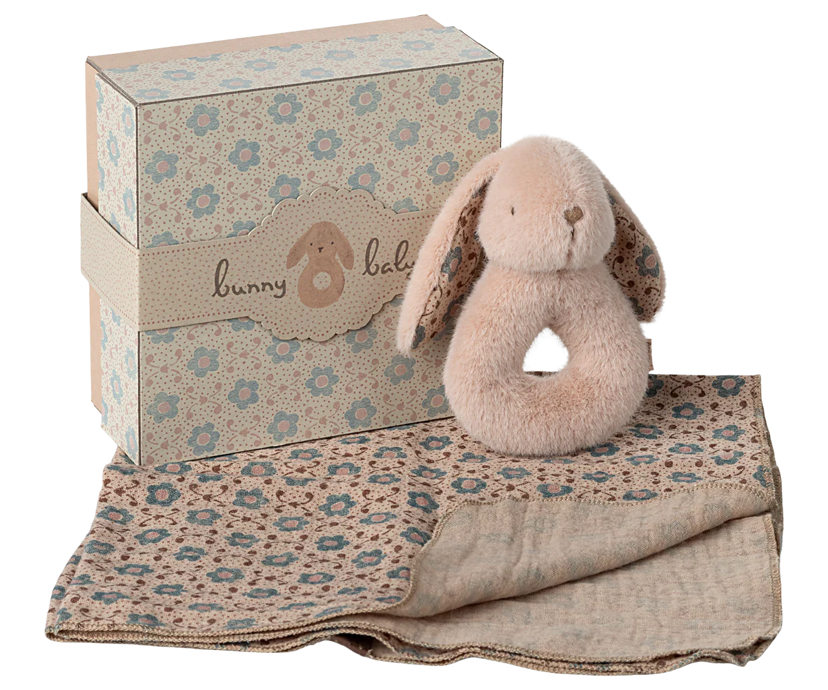 Coffret hochet lapin - rose poudre